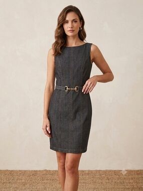 Cache Coeur Charcoal Denim Mini Dress with Gold Buckle Detail